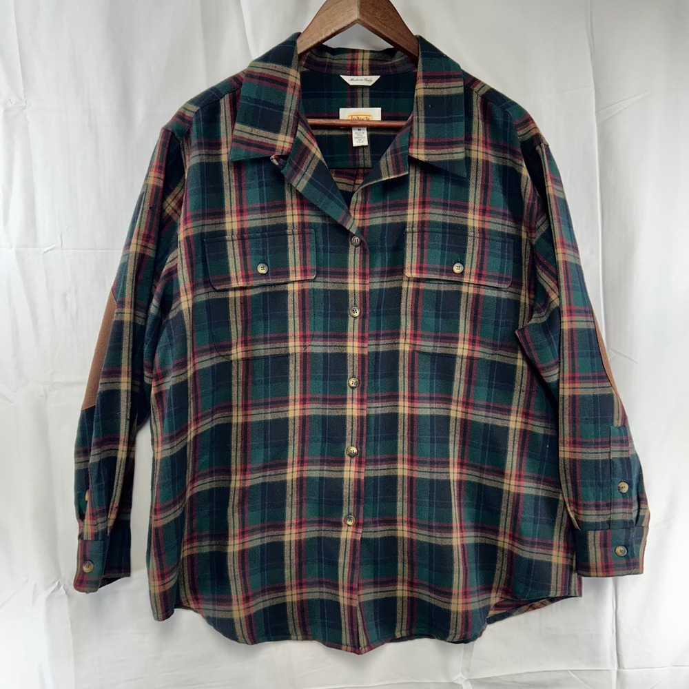 Talbots Button‎ Up Shirt Womens Medium Plaid Elbow Patches Italy Wool *flaw